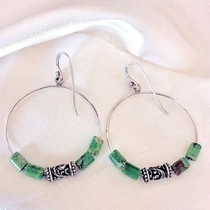 925 Sterling Hoop Earrings silver, green Beads